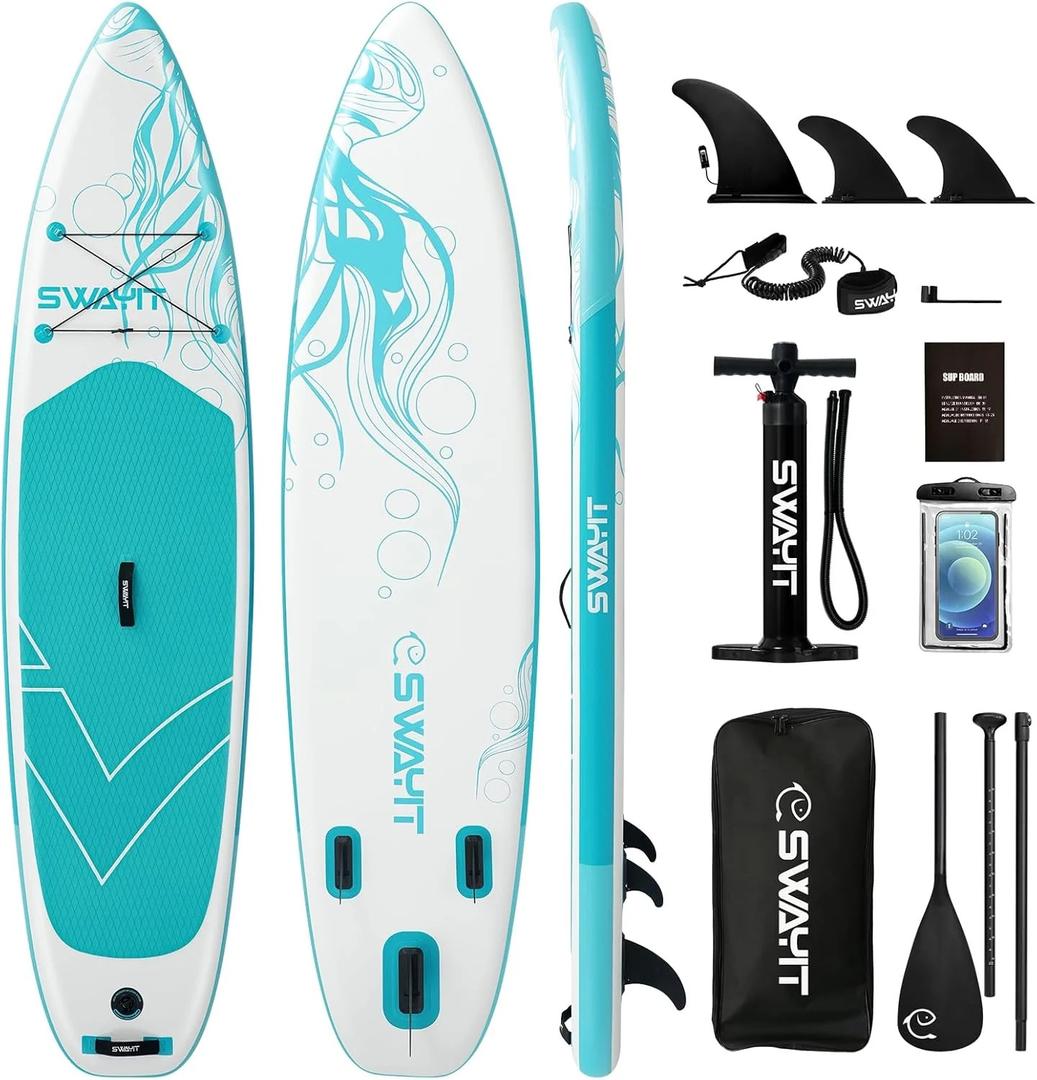 SWAYIT Inflatable Stand Up Paddle Board – Durable SUP for Adults & Youth,33" Wide Blow Up Paddle Board with Paddle, Pump, Backpack,Leash – All Around Stable for All Skill Levels, Carries up to 450 lbs, Jellyfish White
