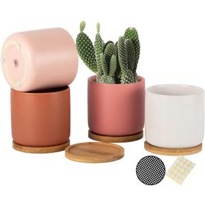 OMAYKEY 4 Inch Ceramic Plant Pot with Saucer, Multicolor Planters Pots with Drainage Hole and Mesh Pads for Succulent, Indoor Flowers, Snake Plants, Cactus, Herbs, Set of 4 (Plant Not Included)
