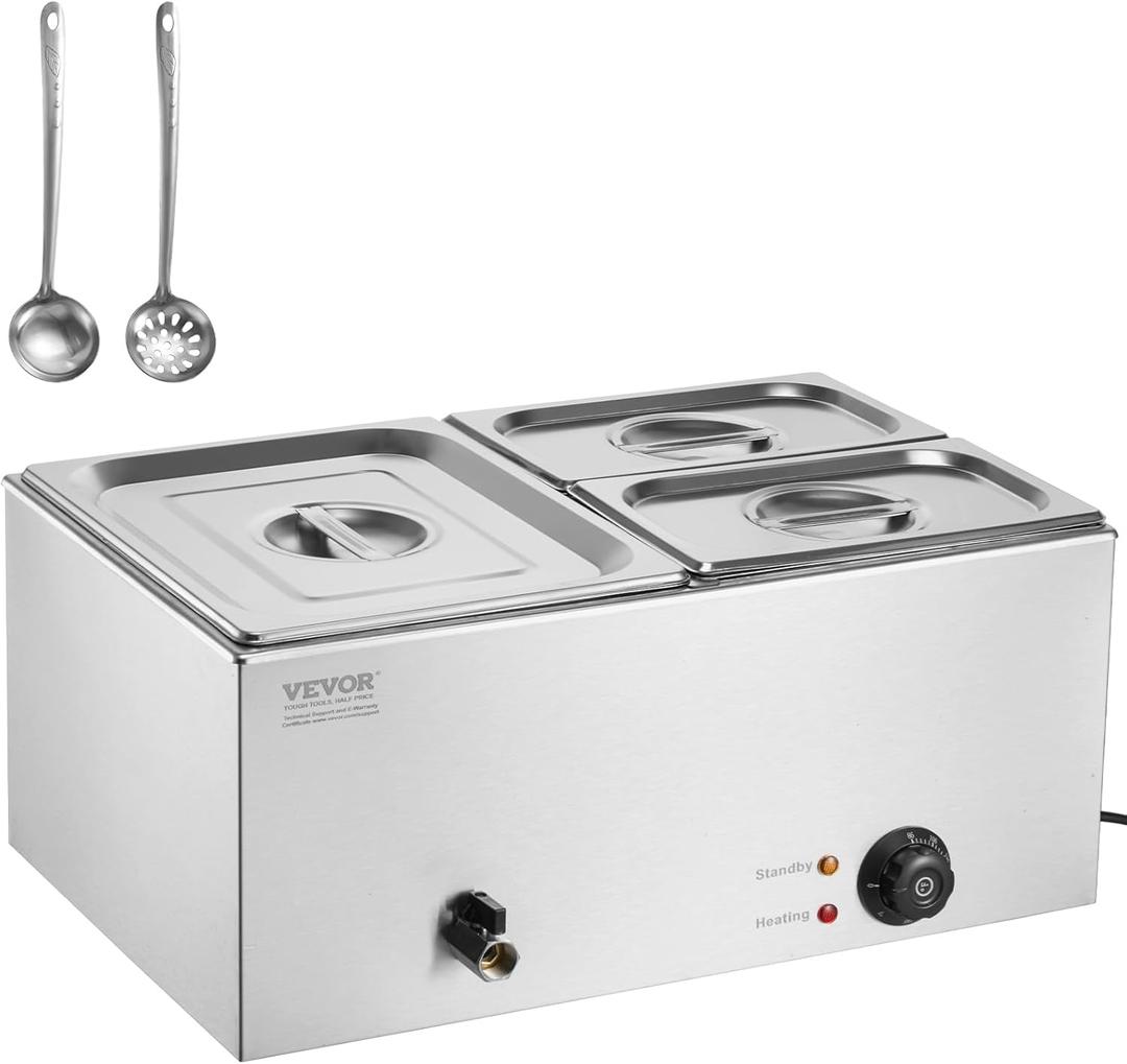 VEVOR 3-Pan Commercial Food Warmer, 24QT Electric Steam Table, 1200W Professional Countertop Stainless Steel Buffet Bain Marie with 86-185F Temp Control for Catering and Restaurants, Silver