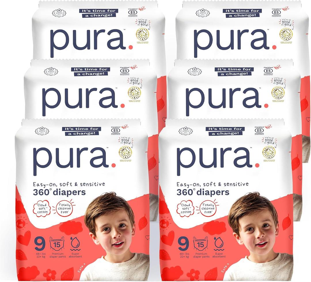 Pura 360° Diaper Pants Size 9 (48+lbs) 90x Stretchy Night Time Pull Ups, 12 Hour Overnight Leak Protection, Soft Cotton, Organic Baby & Toddler Disposable Diapers, Hypoallergenic for Sensitive Skin