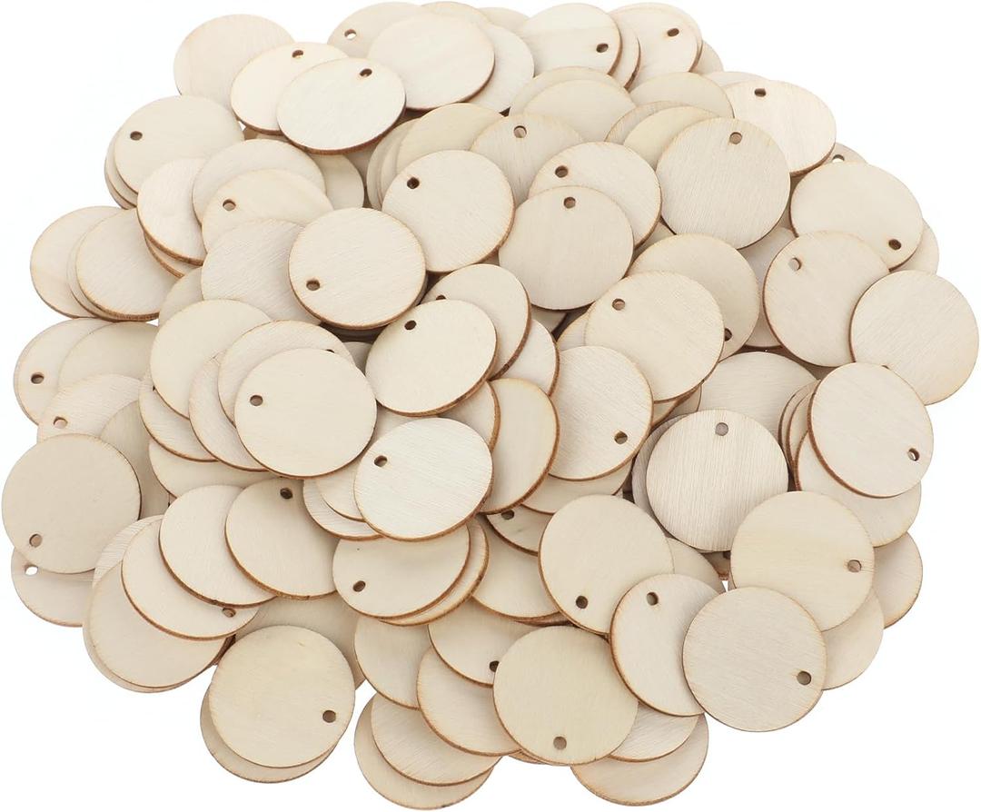 200 Pcs Unfinished Blank Wood Circle Pendants - 1 Inch Round Disc With Holes for Crafts, Wooden Earring Blanks, Small Discs for Decoration, DIY Embellishment