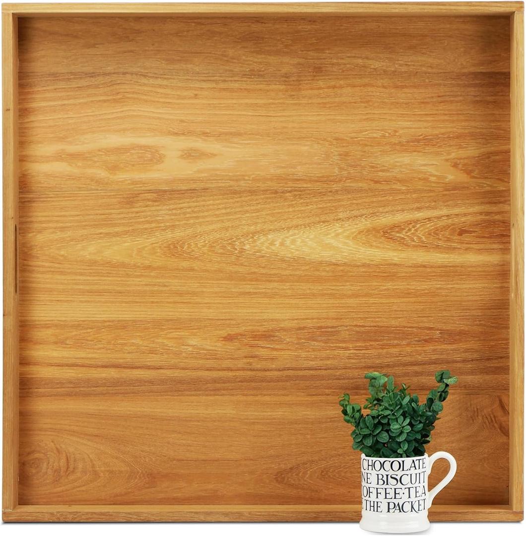 26 x 26 Inches Large Square Teak Wood Ottoman Tray with Handles, Serve Tea, Coffee Classic Wooden Decorative Serving Tray
