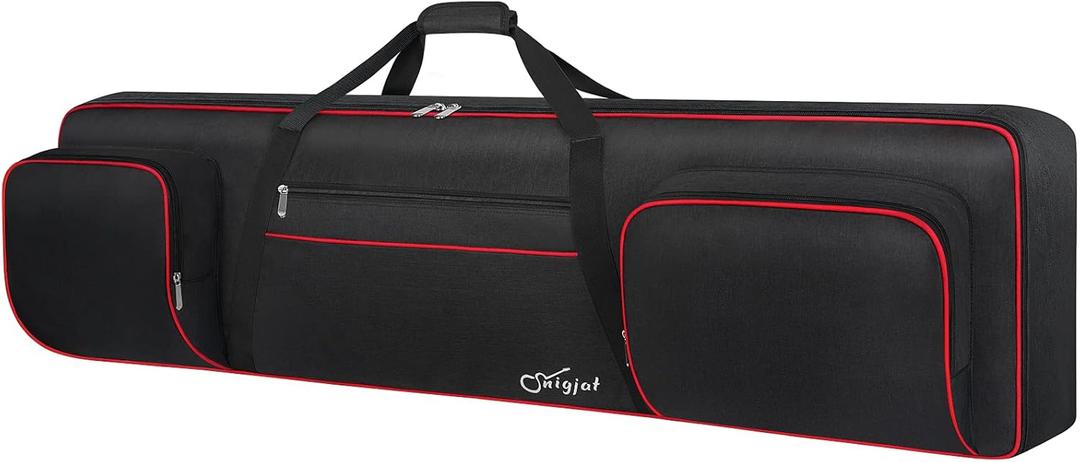 SNIGJAT 88 Key Keyboard Case Soft (Size: 53.5"x13.8"x6.8"), Padded Piano Case with Handle and Adjustable Shoulder Straps, Keyboard Gig Bag with 3 Pockets for Music Sheet Stand, Sustain Pedals, Cables (Black+Red)