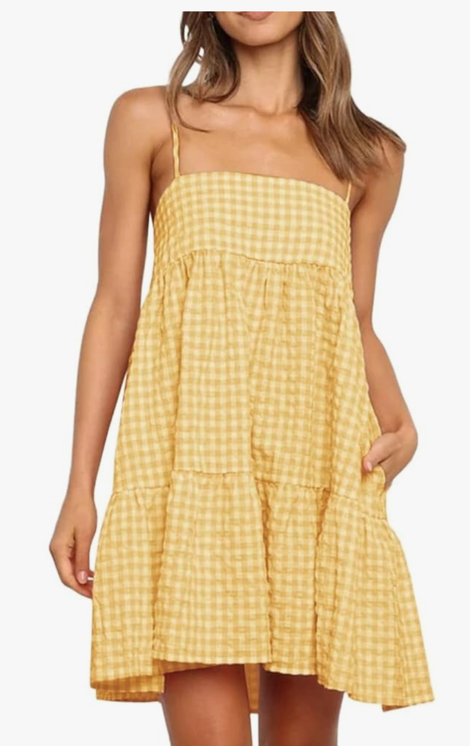 Womens Summer Plaid Mini Dress Casual Spaghetti Strap Sleeveless A Line Beach Sundress with Pockets, M