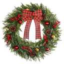 Christmas Wreath 20 Inch, Artificial Large Wreath with Pine Cone Red Berry Bow Ornaments for Front Door Decor Christmas Door Wreath Festival Home Indoor Outdoor Outside Decorations, Bow
