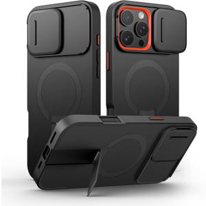 SURITCH for iPhone 16 Pro Max Case with Magnetic Camera Slide Cover and Adjustable Kickstand, Compatible with MagSafe, Shockproof Bumper Case Slim Protective Cover 6.9 Inch, Black