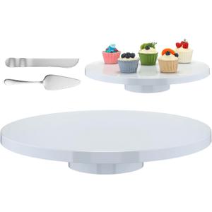 Wenqik 16 Inch Metal Cake Stand with Cake Knife and Spatula, Round Dessert Table Display Stand Metal Dessert Tray Serving Platter for Party, Wedding, Birthday, Baby Shower, Anniversary(White)