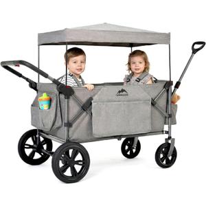 Foldable Wagon Stroller, Stroller Wagon for 2 Kids with 5-Point Harnesses,Adjustable Push/Pull Handle, Removable Sun Canopy, Suitable for Family Travel, Two Children Ride, Large Storage,Gift (Silver)