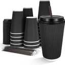 16 oz Disposable Coffee Cups with Lids 50 Pack, Compostable Paper Cups with Lids and Straws, 3-Layer Insulated Corrugated To Go Cups for Hot & Cold Drinks, Home Office Travel (Black)