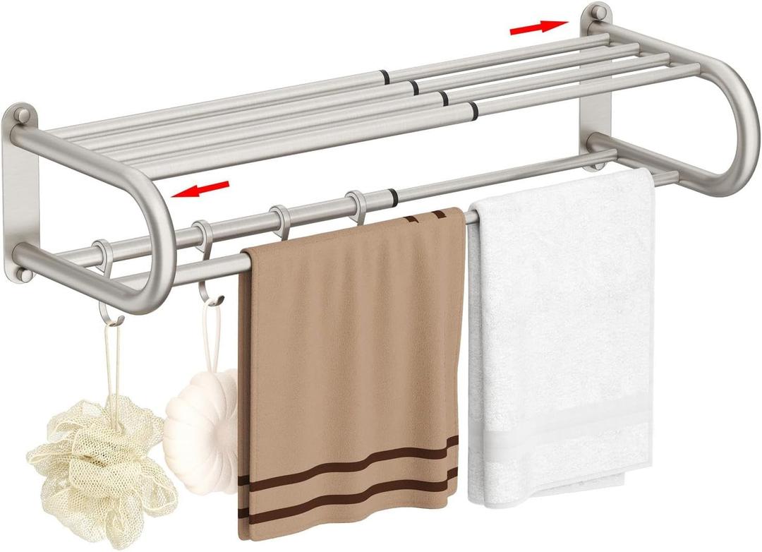 BESy Adjustable 15-26.8 Inch Towel Rack with Shelf for Bathroom and Lavatory Towel Shelf Double Towel Bar Rod 4 Hooks Wall Mount Multifunction Towel Holder Hotel Style Stainless Steel Brushed Nickel