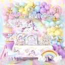 289 Pcs Unicorn Birthday Decorations, Worry-Free One-Stop Set Serves 25 Guests, with Laser Banner, Backdrop, Thick Plates and Cake Stand, Easy Setup for Unicorn Party Decorations