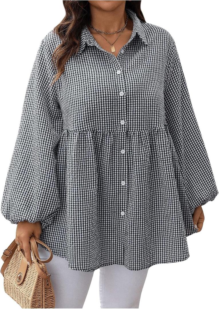 MakeMeChic Women's Plus Size Blouses Gingham Lantern Sleeve Button Down Plaid Shirt Peplum Tops 1950s Outfits (XL)