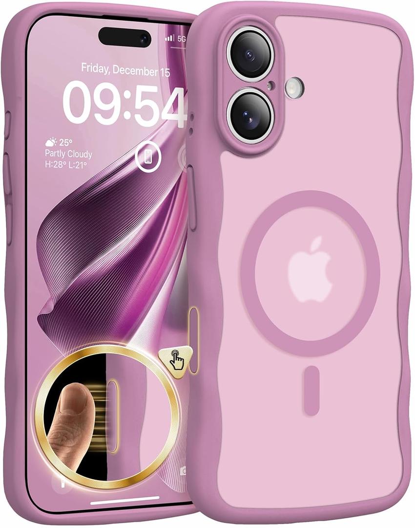 TAURI Magnetic for iPhone 16 Case, Cute Wavy Design Anti-Slip | Full Camera Protection, Compatible with Magsafe Translucent Matte Case for iPhone 16 for Women Girls, Black Currant