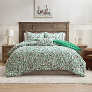 Hallmark Queen/Full Size 4-Piece Holiday Bedding Set | Festive Comforter, 2 Shams, Decorative Pillow | Lightweight & Cozy Home Decor | Super Soft Microfiber Fabric | Wrinkle-Resistant | Green Branches