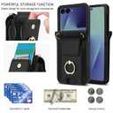 Phone Case for Samsung Galaxy Z Flip 6 5G 2024 Wallet Cover With Ring and Crossbody Wrist Strap Lanyard Credit Card Holder Slot Stand Cell leather Purse ZFlip6 Z6 G Flip6 Women Men Girls Black