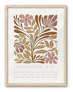 EcoHest Bible Verse Floral Framed Wall Art, 12x16 in OAK Wood Abstract Flowers Canvas Wall Art, Ephesians 3:17 Home Decor, Beige Logs Boho Christ Set of 1 for Bedroom Living Room