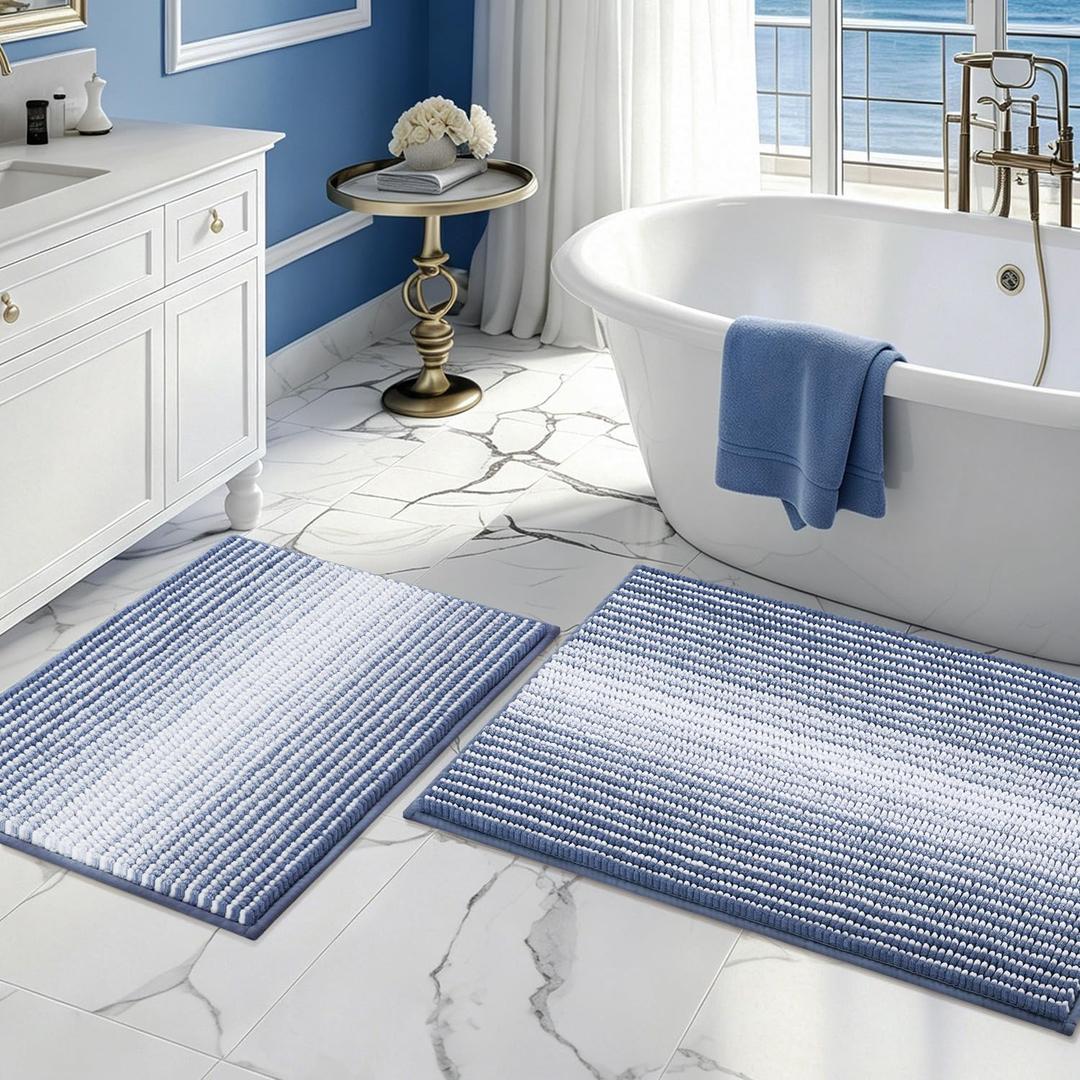Bathroom Rugs and Mats Sets, 2 Piece Thick Absorbent Chenille Bath Mat Rug Set Non Slip, Soft Shaggy Bath Room Floor Mats for Bathroom, Machine Washable (20" x 32" Plus 16" x 24",Denim Blue)