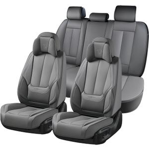 Coverado Universal Seat Covers Full Set, 5 Seats Universal Seat Covers for Cars, Waterproof Nappa Leather Car Seat Covers with Head Pillow, Auto Protectors Fit for Most Sedans SUV Pick-up Truck-Gray