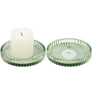 Vixdonos 3.8 Inch Glass Pillar Candle Holder Set Pack 2 Gear Round Plate Serrated Candle Stand for Table Centerpieces,Party, Wedding and Home Decor (Green)