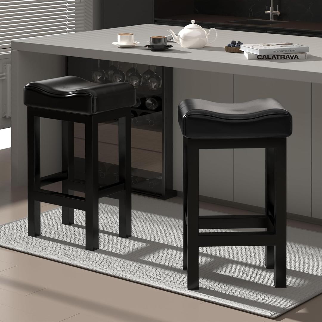 Bar Stools Set of 2, 30 Inch Counter Height BarStools for Kitchen Island, Faux Leather Thick Saddle Seats & Heavy Duty Metal Base, Easy Assembly (Black,30 inch)