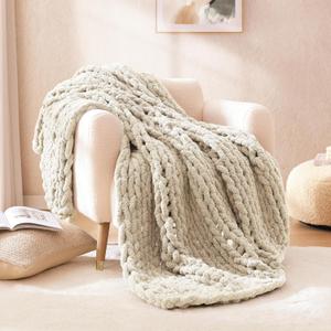 WRENSONGE Chunky Knit Blanket Throw Beige Large Soft Fluffy Cable Knit Crochet Throw 100% Hand Knitted Blanket for Couch Bed(50"x60")