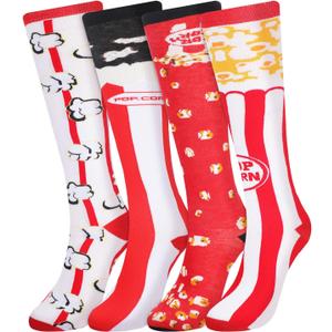 Shihanee 4 Pairs Popcorn Socks Novelty Fashion Knee High Socks Women Men Cozy Crazy Snack Theme Design Stockings for Adults Popcorn Lovers Movie Night Gift
