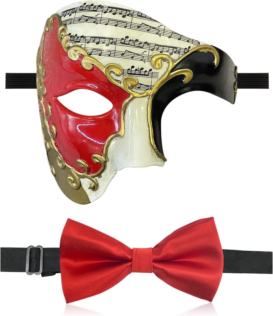 IncreDecor Masquerade Mask for Men Phantom of The Opera Half Face Mask with Bowtie, Venetian Masks for Halloween Party