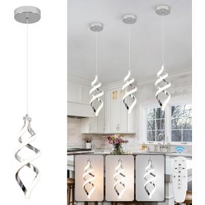 Modern Led Pendant Light Fixture, 15W Chrome Spiral Led Chandelier Hanging Lamp, 3000K-6000K, Dimmable Pendant Lamp, Adjustable Height Pendant Light for Kitchen Island Dining Room Bedroom Cafe