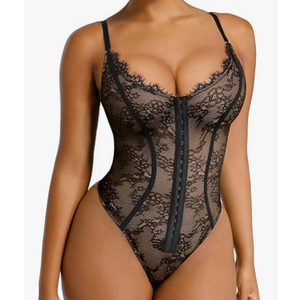SHAPELLX Lace Bodysuit for Women Tummy Control Shapewear Backless Body Suits One Piece Body Shaper Thongs, Size XL