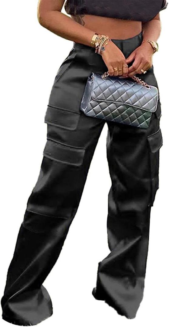 Lucuna Women's Satin Cargo Pants Y2K High Waisted Multi-Pocket Straight Leg Baggy Casual Trousers (Large, 1-black)