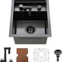15 Inch Black Undermount Bar Sink Workstation - HLBLFY 15 x 18 Inch Small Kitchen sink 16 Gauge Stainless Steel Single Bowl Workstation Sink with Foldable Faucet Cutting Board
