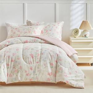 3pcs Floral Cotton Comforter Set for Girls, Pink Blue Beige Flowers Leaves Design, Twin Size Soft n Cozy Kids Bedding Comforter for All Season- 68x88 inches