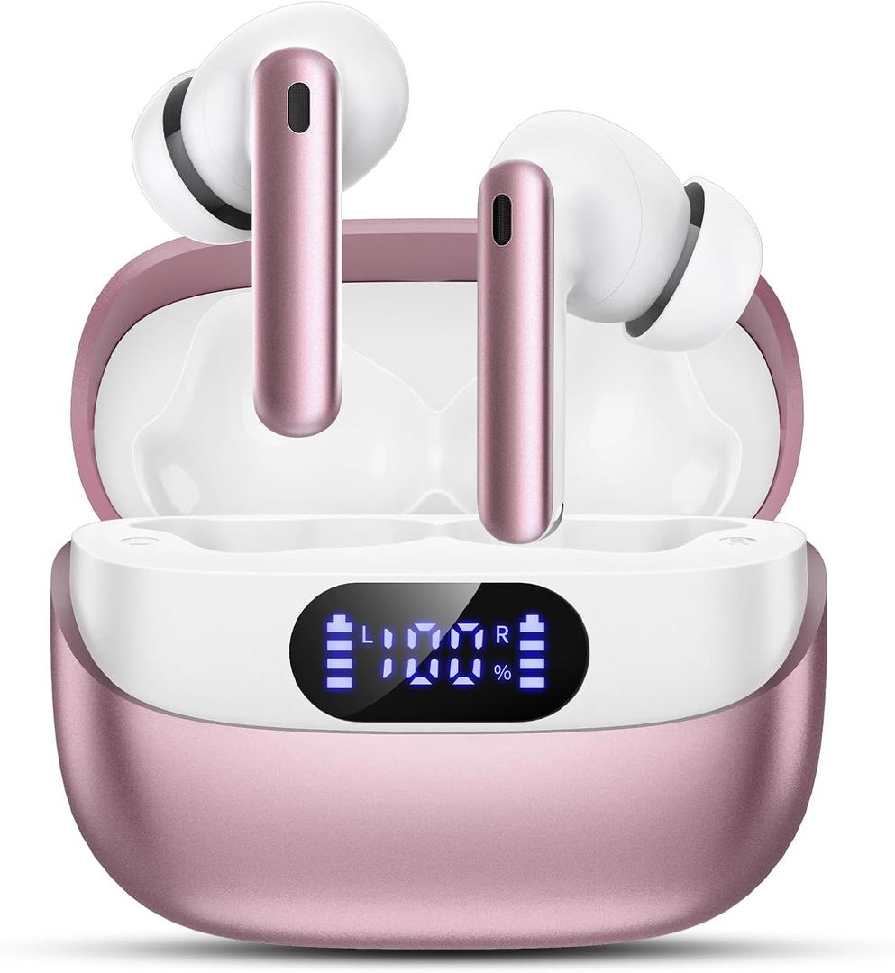 Wireless Earbuds, 42H Playtime Bluetooth 5.3 Headphones, HiFi Stereo Call Noise Cancelling Earbuds, IPX7 Waterproof Stereo in-Ear Earphones with LED Display for iOS Android (Elegant Rose Gold)