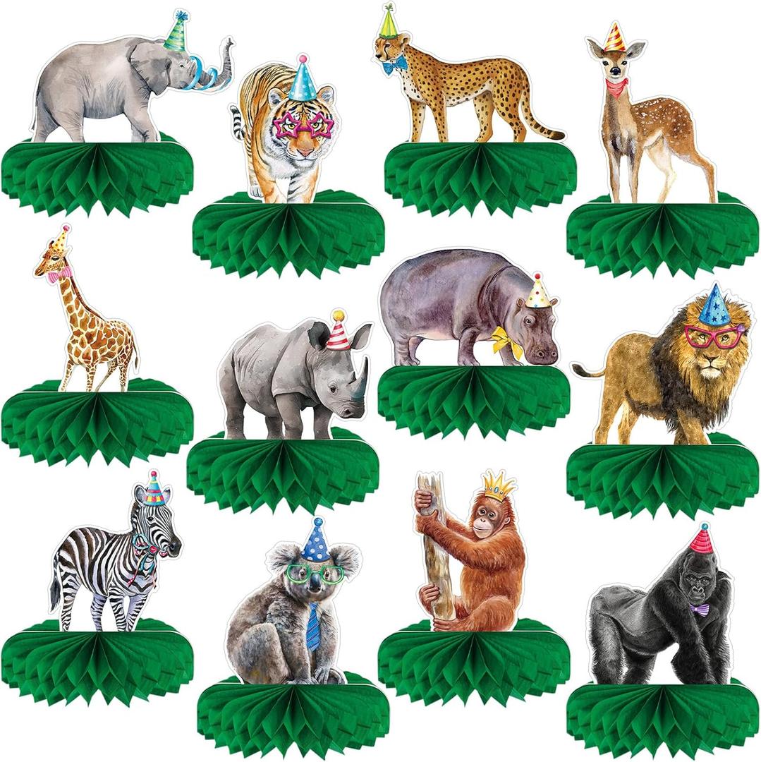 Yeaqee 12 Pcs Jungle Animals Honeycomb Centerpieces Safari Themed Birthday Party Supplies Wild Animals Jungle Party Decorations Baby Shower Table Decorations Centerpieces (Fresh Style)