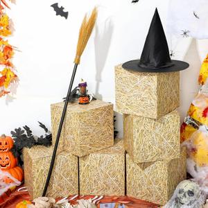 Simgoing Halloween Witch Theme Set 6 Hay Bales Paper Boxes 1 Witch Hat with 1 Plastic Witches Brooms for Witches Party Photo Booth Props Halloween Trunk Decoration