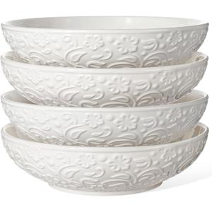 Artena Pasta Bowls 32oz, Ceramic Large Salad Bowls 8 inch, White Embossed Soup Bowl Set of 4 for Serving Entertaining, Wide Shallow Dinner Bowls, Microwave Dishwasher Oven Safe (Flower)