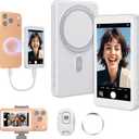 Vlog Selfie Monitor Screen for iPhone 17 Series & Android,Built-in Speaker,Wireless & Wired Magnetic 4K/1080P Phone Back Camera Monitor with Remote Control for Live Stream TikTok (White)