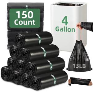 4 Gallon Small Trash Bags 150 Counts Garbage Bags Extra Strong Drawstring Bathroom Trash Bags Small Garbage Bags Black Trash Bag for Bathroom Bedroom Office Kitchen Trash Can