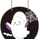 3 x Halloween Door Decorations Halloween Wreath Cute Ghost Decor Boo Sign Bat Spider Web Wooden Front Door Hanger Ghost Hanging Sign Wreath for Wall Indoor Home Decor