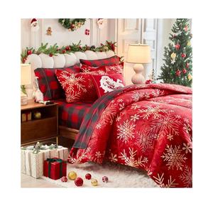 Christmas 7 Pieces Queen Comforter Sheet Set Bed in a Bag Holiday New Year Style - Red Golden Gradient Snowflake - Red Plaid Gingham Bedding Set with Comforters, Sheets, Pillowcases & Shams