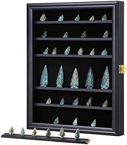 KCRasan Arrowhead Display Case Native American Arrowhead Shadow Box Wall Mount Arrowhead Collection Display Cabinet with Uv Protection for Agate Opal Crystal Stone Arrowheads Spear Points Rocks Black