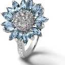 Sunflower Rings for Women, 925 Sterling Silver Sunflower Ring Light Blue Zircon Sunflower Diamond Ring Crystal Sunflower Ring Sunshine Sunflower Statement Ring with Cubic Zirconial Band Size 10