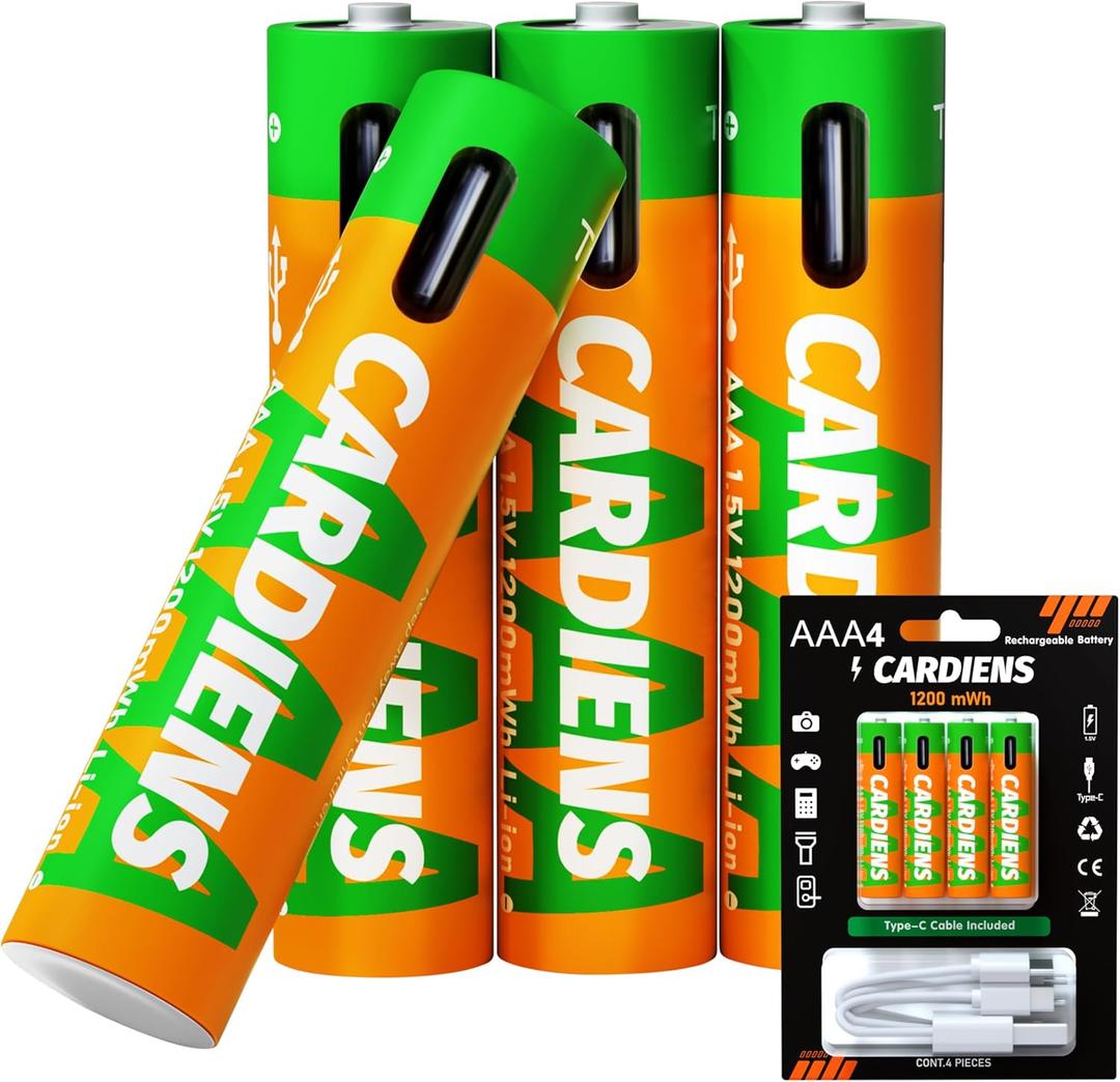 Rechargeable AAA Batteries USB C 1200 mWh Triple AAA Rechargeable Battery 1.5V AAA Lithium Batteries with 4-in-1 Charging Cable and LED Charge Indicator, 4-Pack
