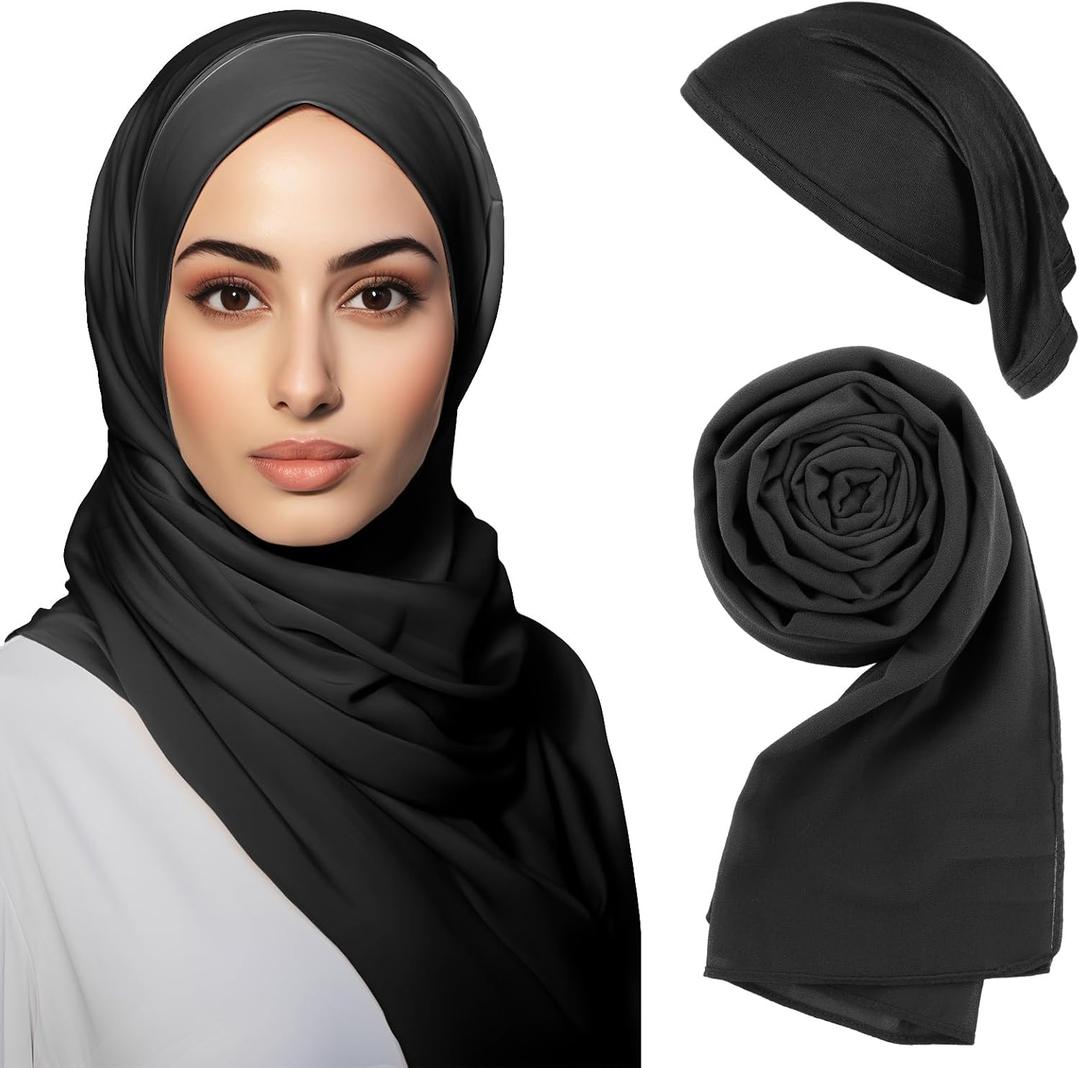Hijab Scarf for Women Instant Hijab Scarves and Undercap Set, Chiffon Muslim Head Scarf Islamic Solid Long Shawl (Black)