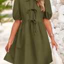 PRETTYGARDEN Womens 2025 Summer Casual Short Sleeve Dresses A Line Bow Tie Front Babydoll Loose Cute Mini Dress with Pockets (Green, S)