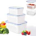 4 in 1 Food Storage Containers for Fridge, Produce Keeper with Removable Colander & Drain Basket, Airtight Leakproof Fruit Vegetable Storage Containers Transparent Kitchen Organizer (3PC S+M+L)