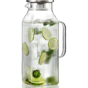 2 Liter/68 oz Square Glass Pitcher with Lid, Classic Stripes Water Pitchers with Handle for Fridge, Large Jug for Iced Tea, Coffee, Borosilicate Glass Carafe for Hot/Cold Brew Drink, Silver