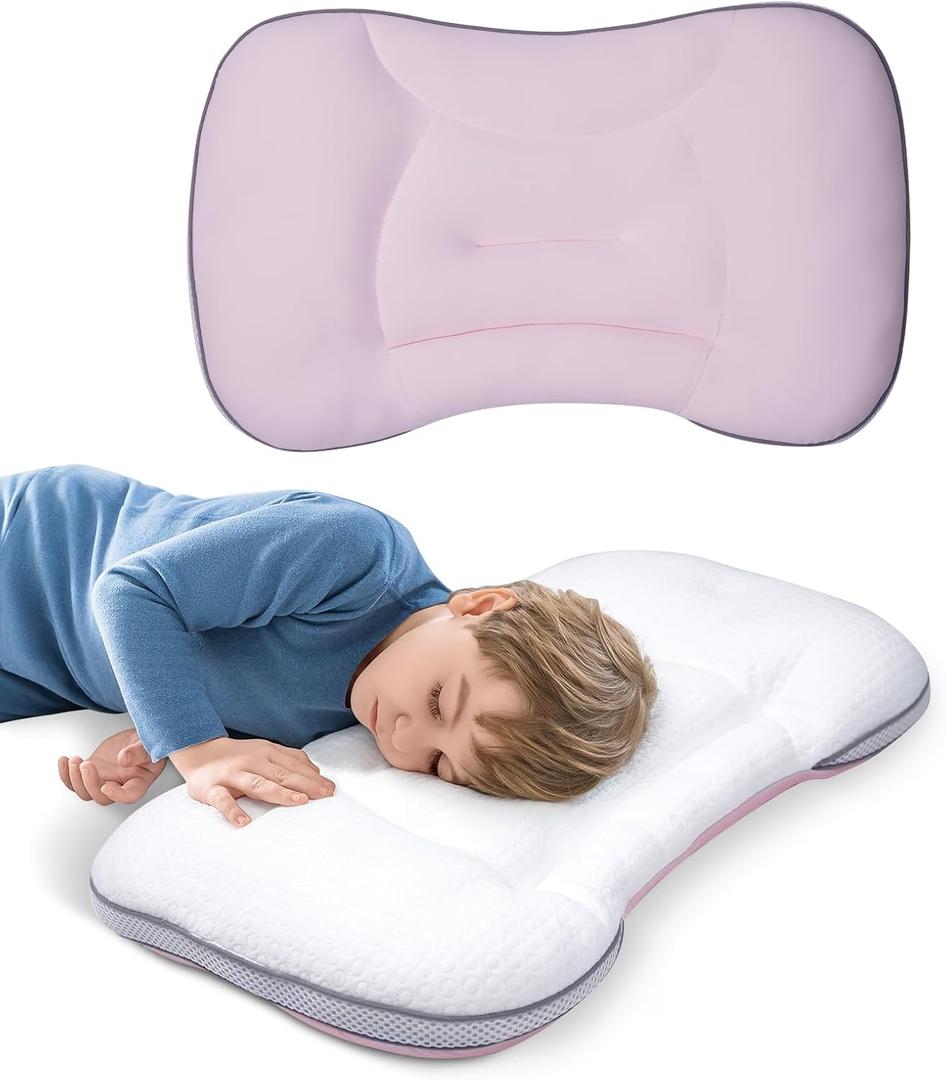 1Pc Toddler Pillow with Reversible Fabrics, Kids Pillow for Sleeping, Breathable and Cooling, Toddler Neck Pillow for Back & Side & Stomach Sleeping, Machine Washable 12x20 in (Pink)