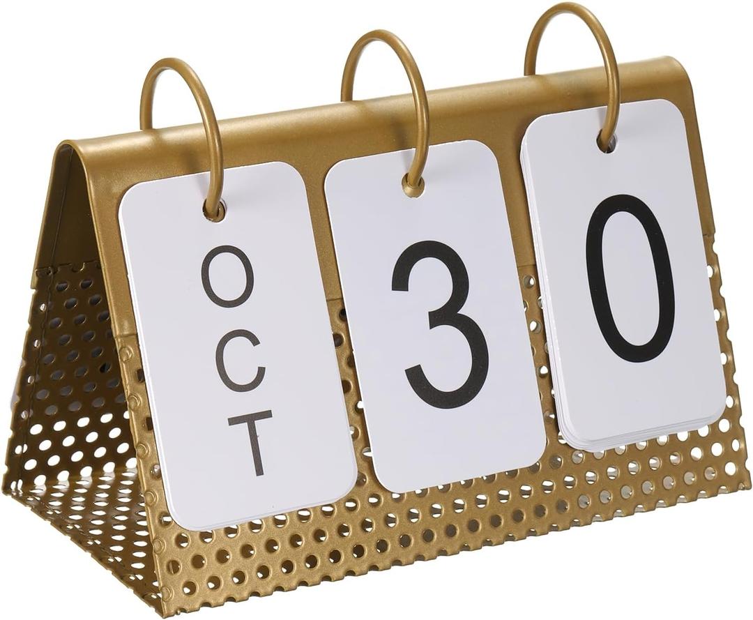 PATIKIL Vintage Wood Perpetual Calendar, Flip Calendar Turn Page Month Date Display for Desk Office Home Decoration Style 1, Golden, 6.3"W x 4.5"H