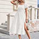 Linsery Women's Summer Square Neck Short Puff Sleeve Casual Smocked Flowy A Line Tiered Split Midi Dress (White, XL)